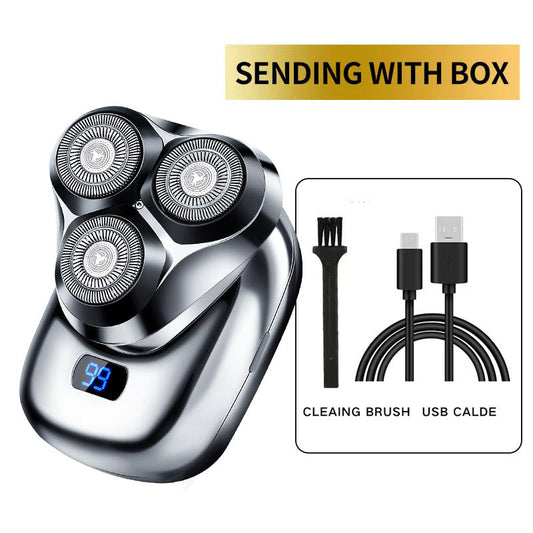NNEDSZ TS-099 Gray Rechargeable Electric Rotary Shaver for Men with LED Display, USB Charging Cable, and Cleaning Brush - Compact & Portable Design-0